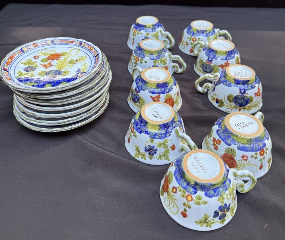 Giuseppe Chiurato Roma Italy Faenza Garofano Pattern 9 TEA Cups & 7 Saucers